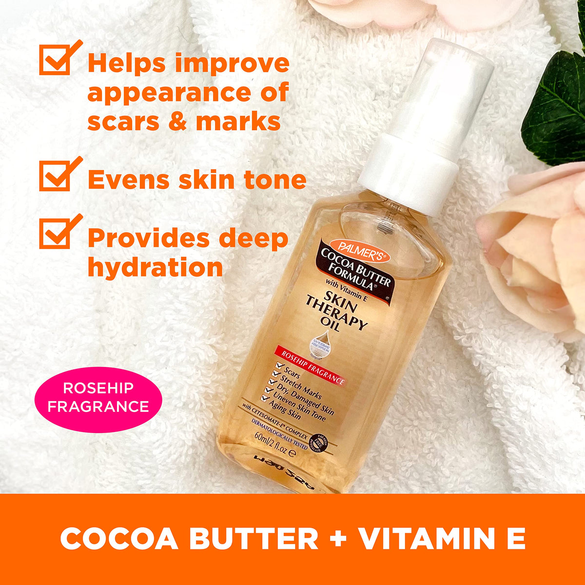 Palmer's key ingredients cocoa and shea butters with oils highlighting natural hydration benefit