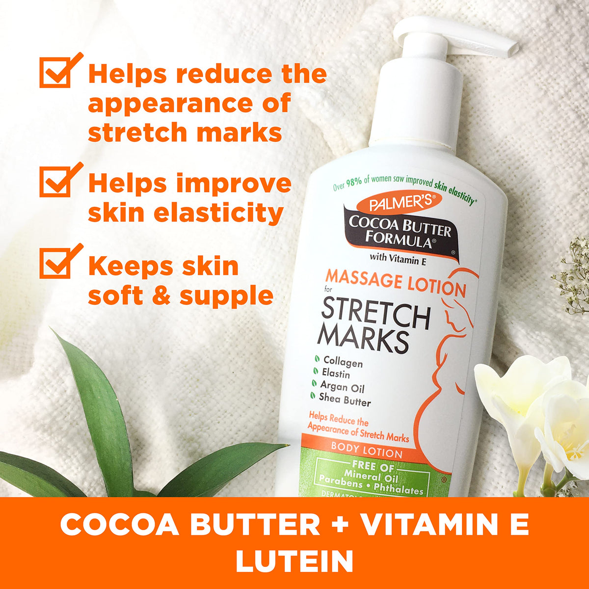 Palmer's product label and ingredient list emphasizing cocoa butter and vitamin E