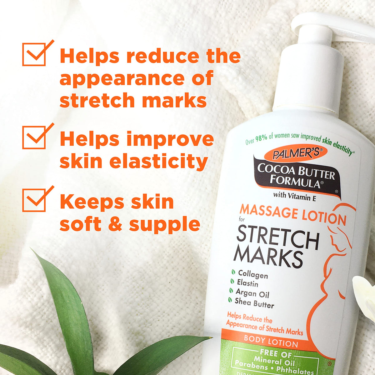 Palmer's bottle label and ingredients close-up, shows cocoa butter and vitamin E