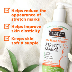 Palmer's bottle label and ingredients close-up, shows cocoa butter and vitamin E