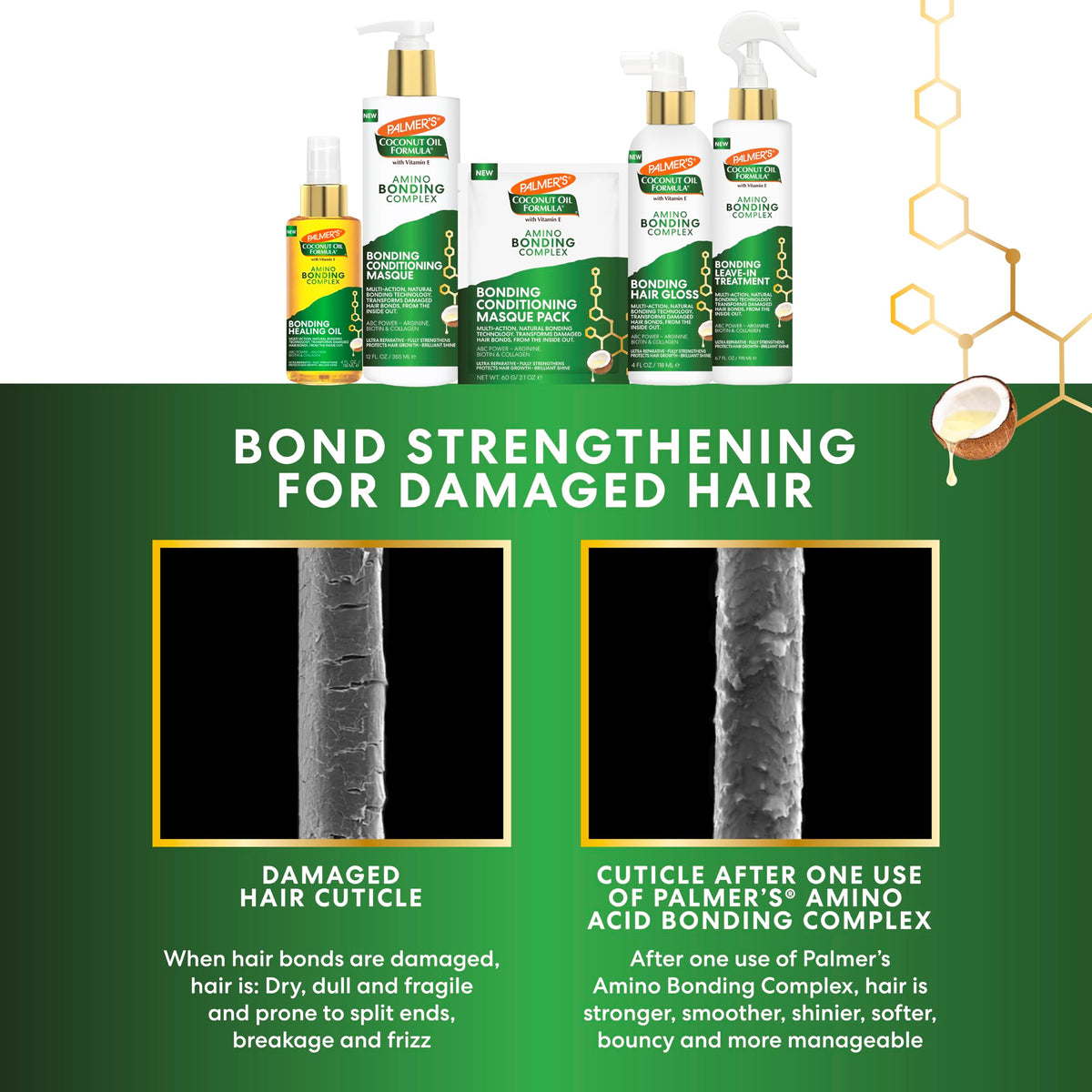 Close-up of Palmer's product label showing amino bonding ingredients