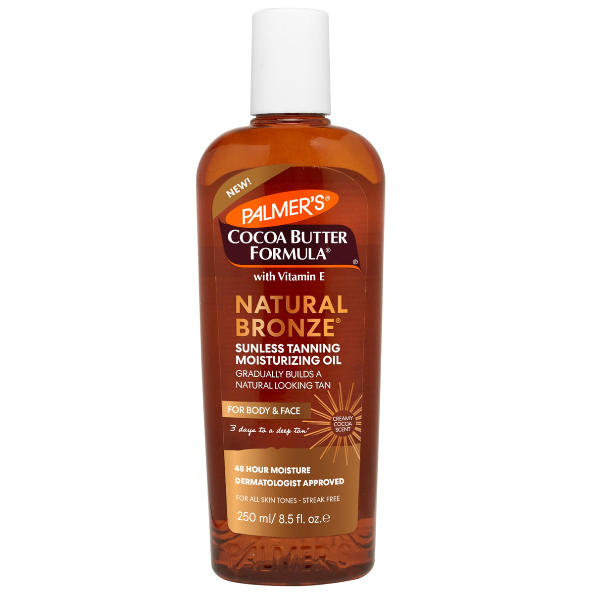 Palmer's bottle front view showing packaging and tanning oil benefits