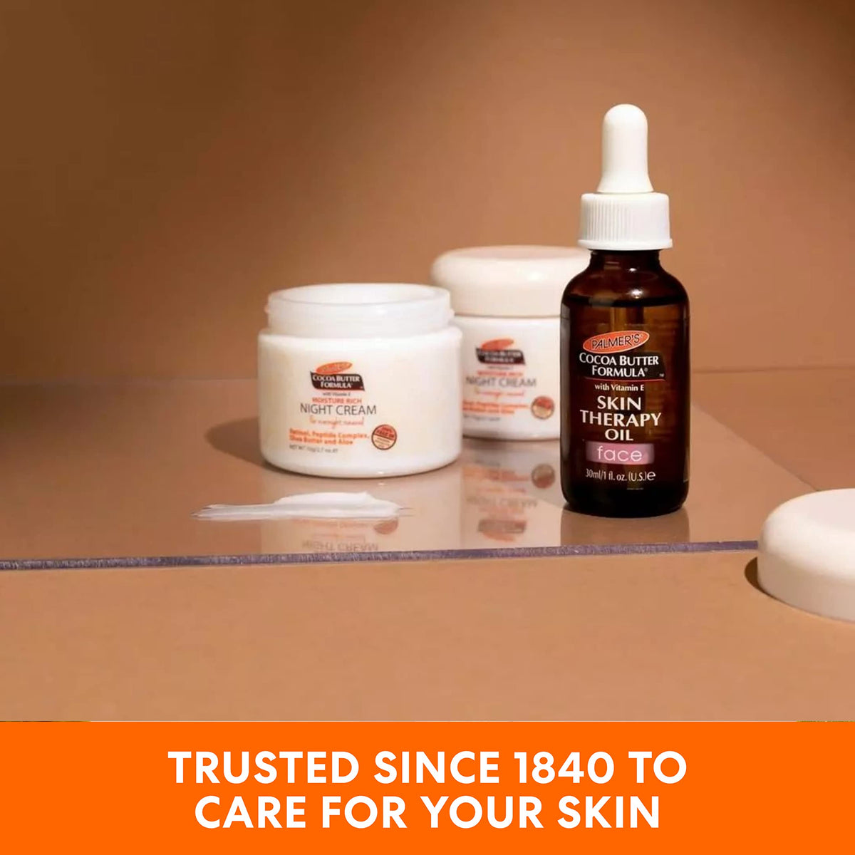 Palmer's night cream on bedside table in bedroom setting showing overnight skincare routine