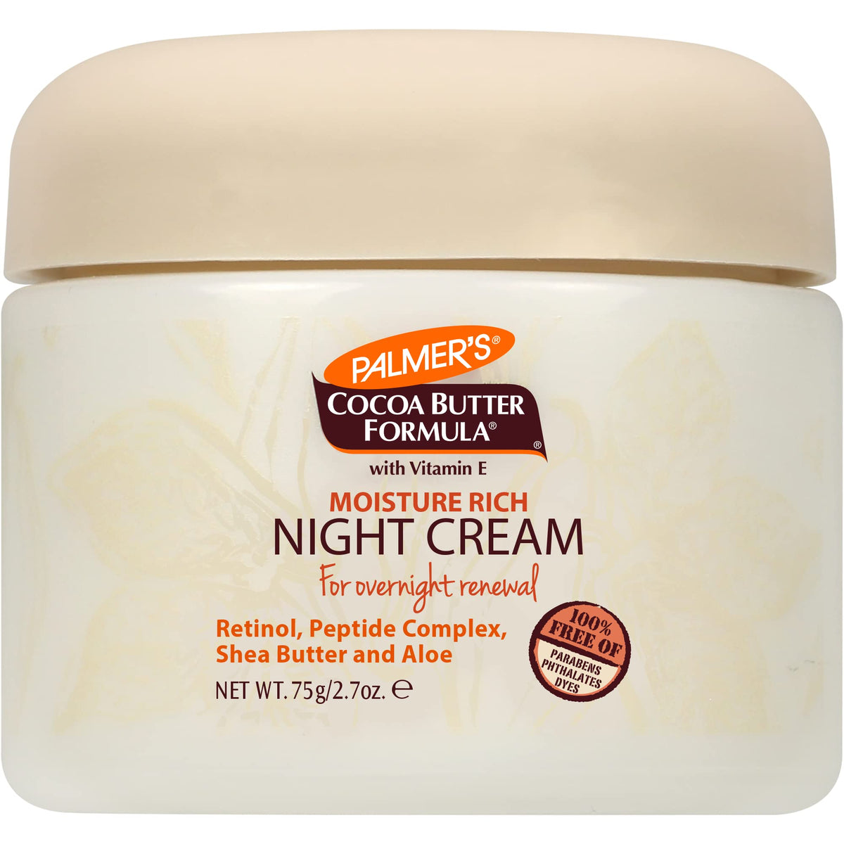 Palmer's night cream ingredient label close-up showing retinol and vitamin E benefits