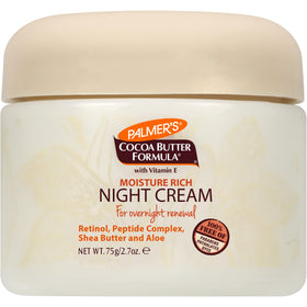 Palmer's night cream ingredient label close-up showing retinol and vitamin E benefits