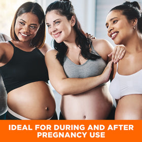 Palmer's oil being massaged on a pregnant belly, supports elasticity and comfort