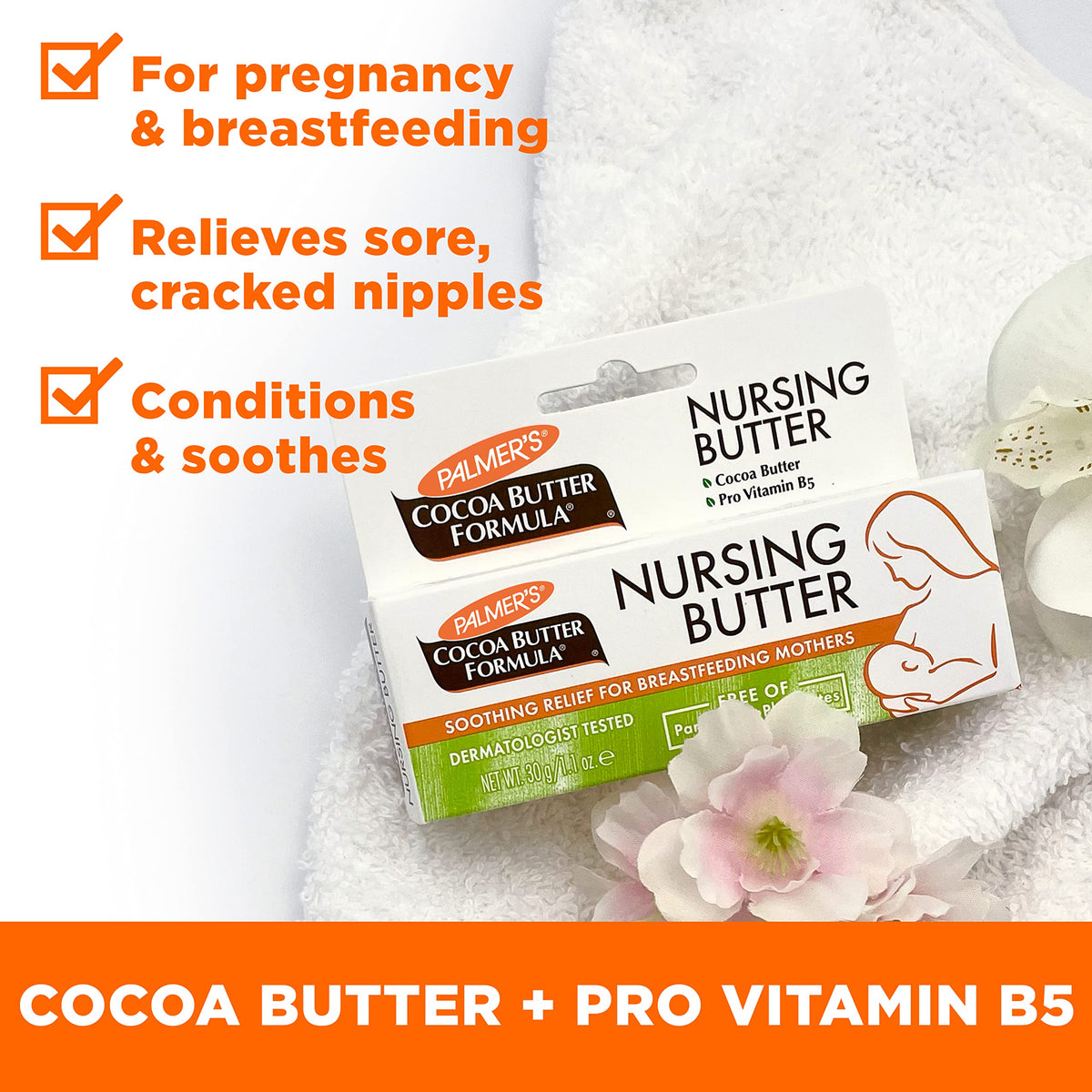 Palmer's products inside a diaper bag lifestyle shot representing convenient postpartum care