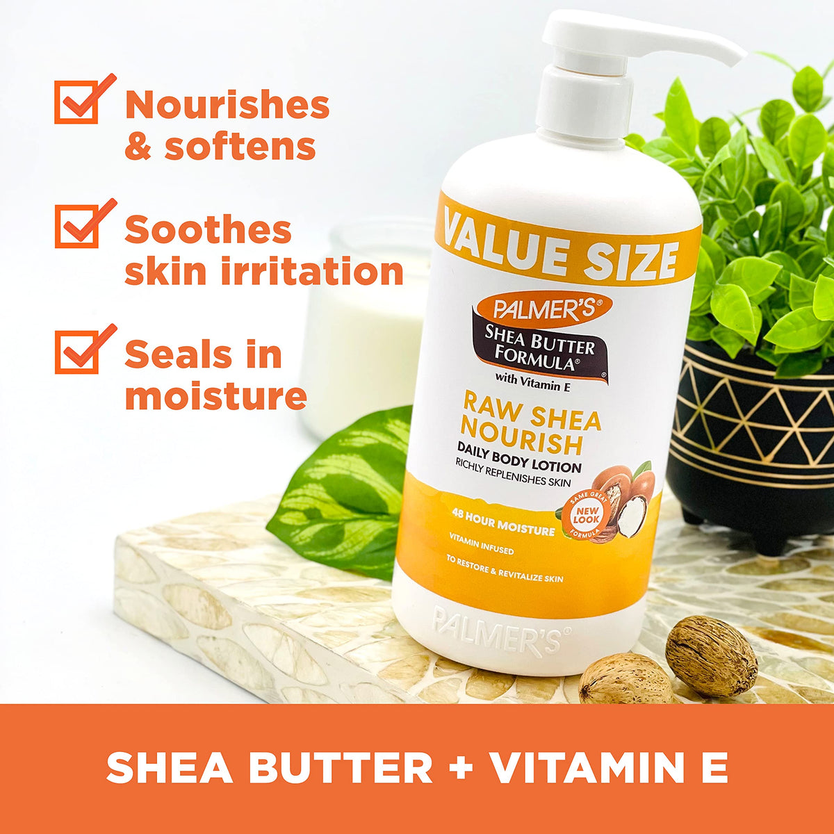 Close-up of Palmer's label highlighting raw shea and natural ingredients benefits