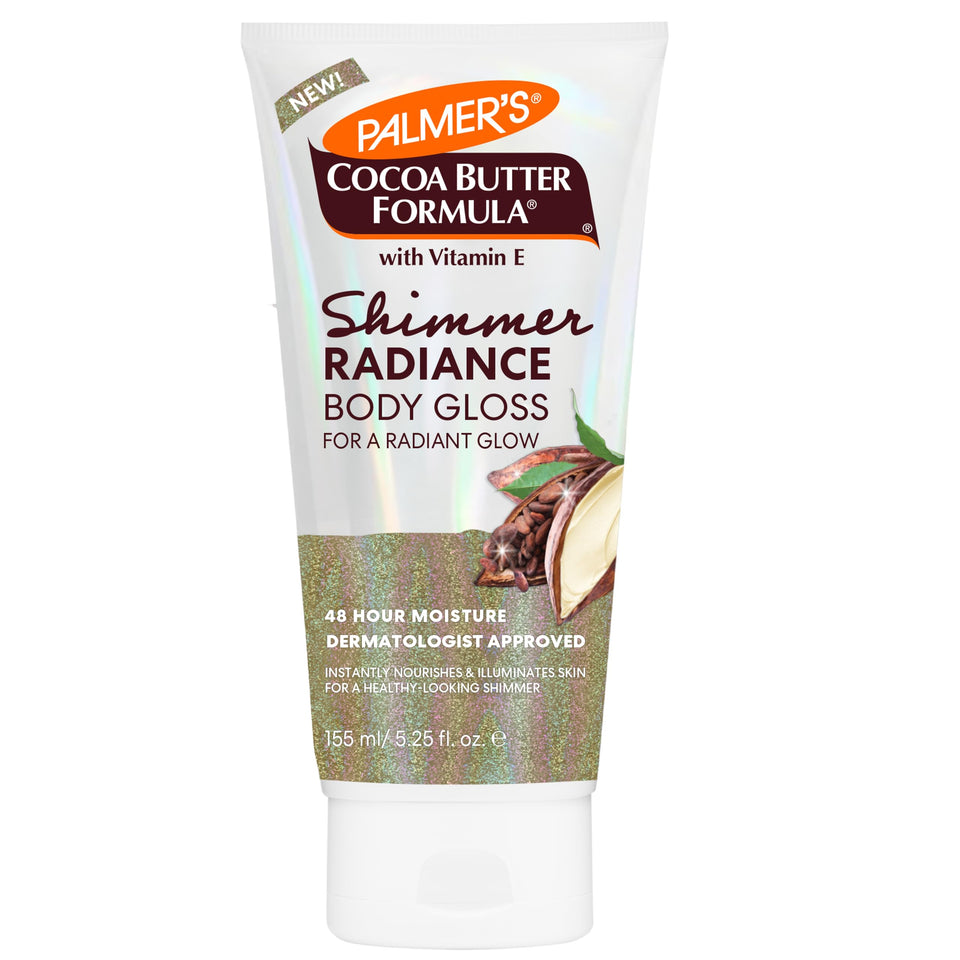 Palmer's front packaging showing bottle and shimmer finish benefit glow