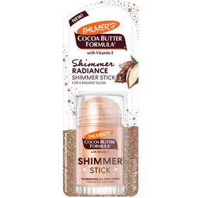 Palmer's shimmer stick front view showing compact packaging and glow benefits