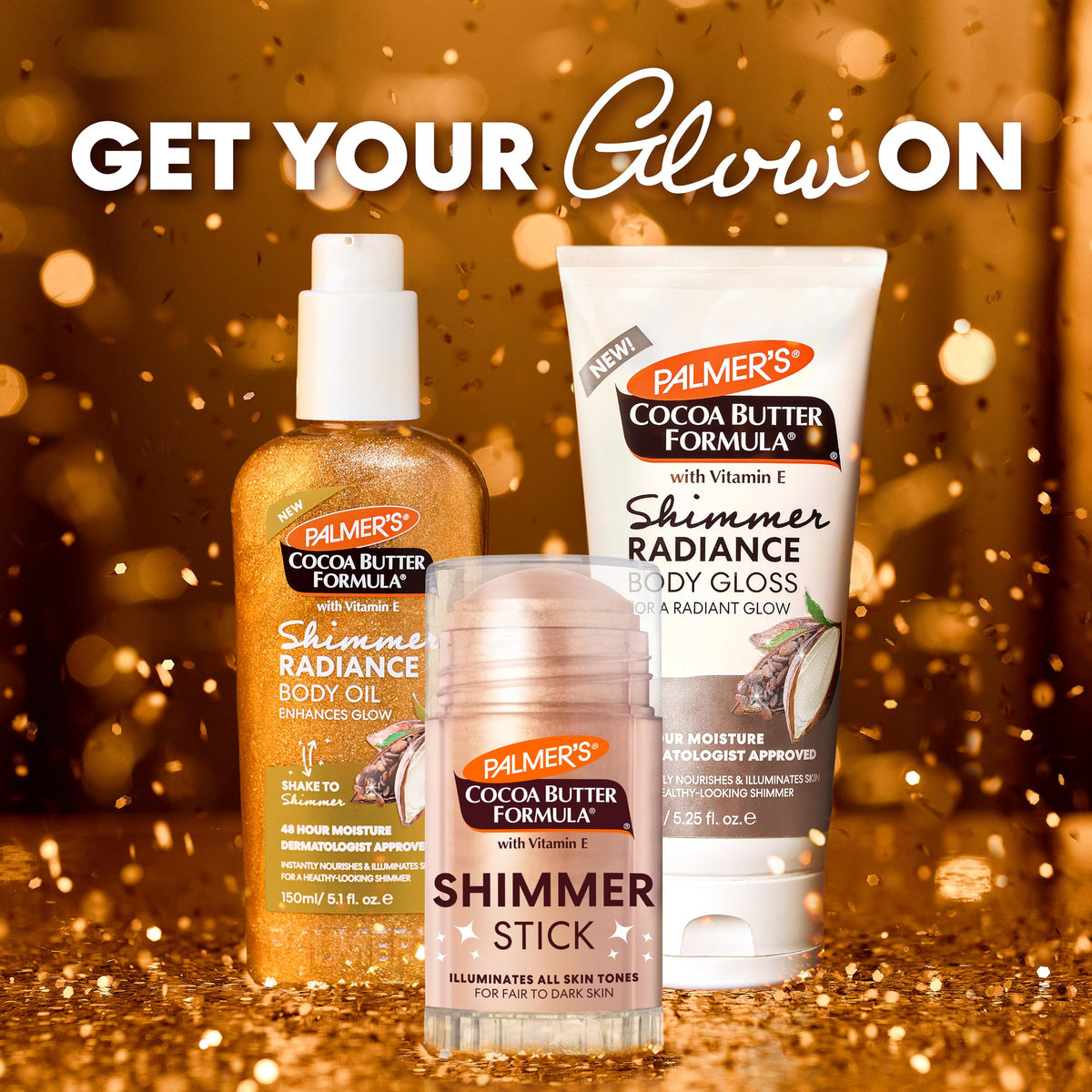 Palmer's shimmer stick pictured with other Palmer's body products lifestyle