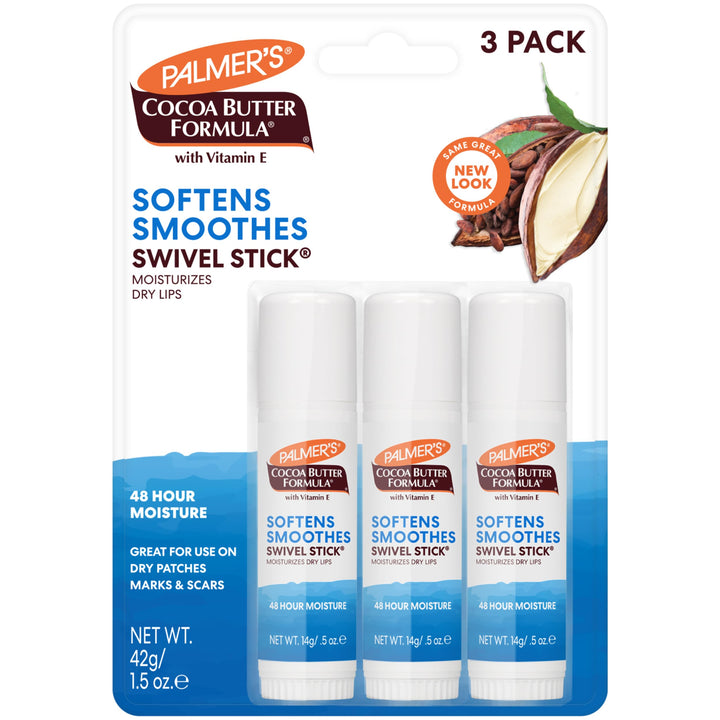 Palmer's swivel stick front view showing compact travel design and cocoa scent benefit