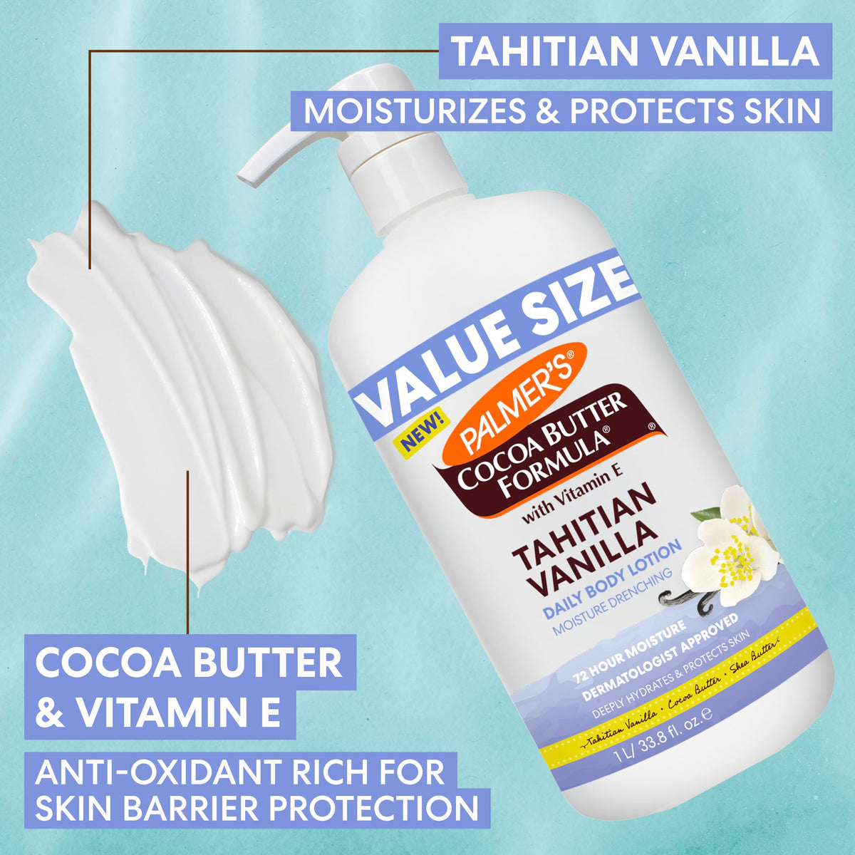 Palmer's bottle next to everyday items to show 33.8 fl oz size and value