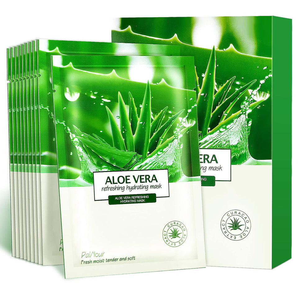 PalNour front packaging showing 10 individually wrapped aloe masks and benefits