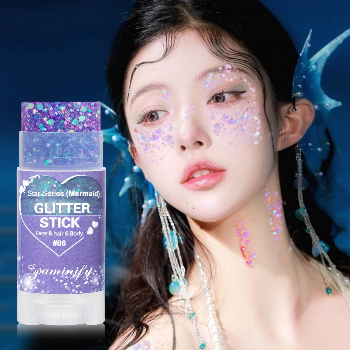 paminify applying purple glitter to a hair strand for instant mermaid shimmer