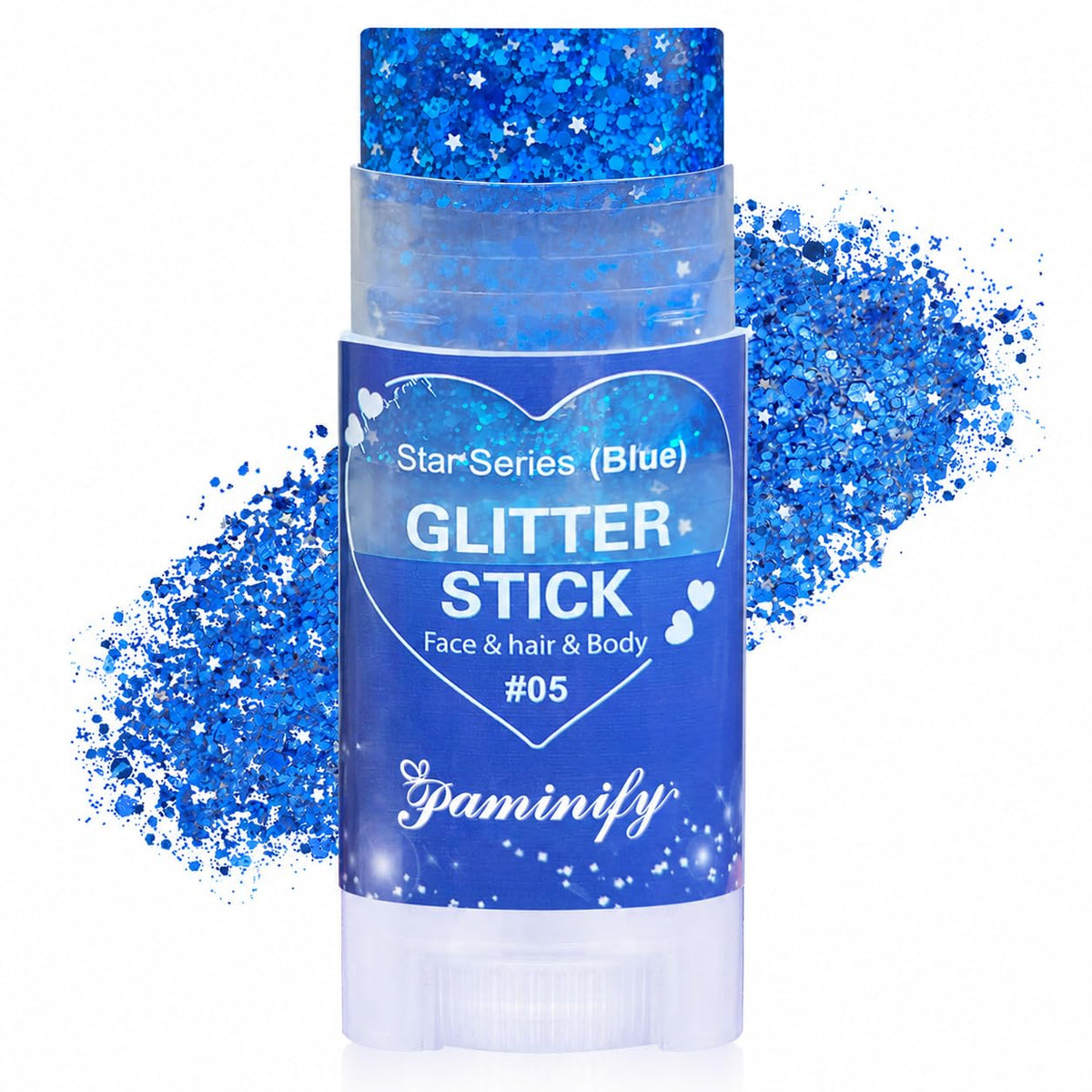 paminify blue glitter stick front view showing product and color payoff benefits