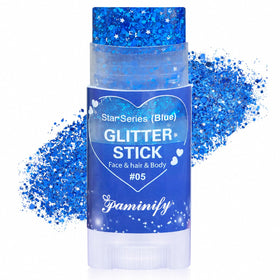 paminify blue glitter stick front view showing product and color payoff benefits