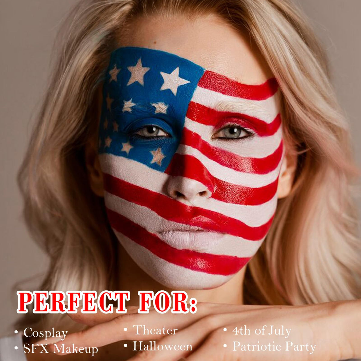 paminify face paint in use on model celebrating Fourth of July, festive look