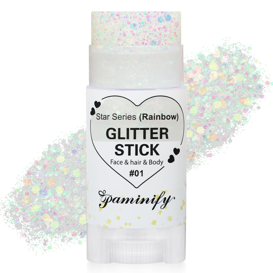 paminify front packaging showing glitter stick and cap, clear branding and benefit