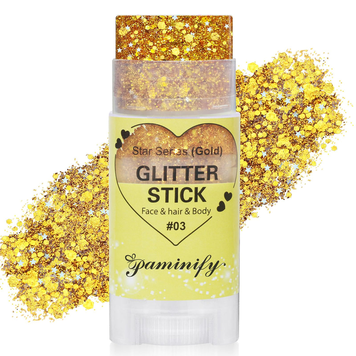 paminify front packaging showing glitter stick and benefits