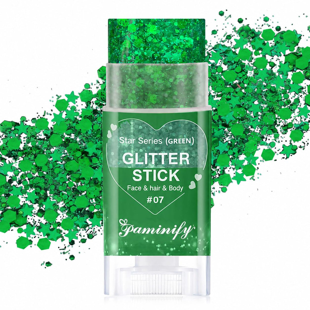 paminify green glitter stick front packaging showing product and cap for clear purchase view