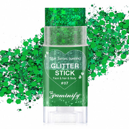 paminify green glitter stick front packaging showing product and cap for clear purchase view