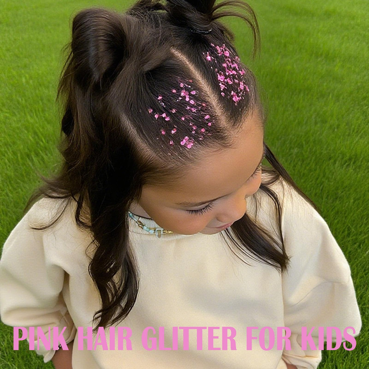 paminify pink glitter streak at hairline showing long-lasting waterproof hold
