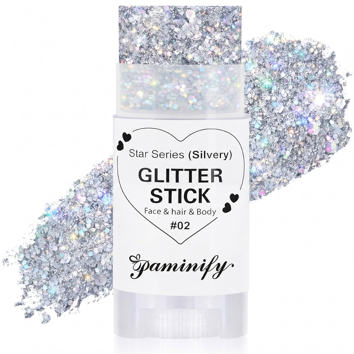 paminify glitter stick front packaging showing product identity and portability