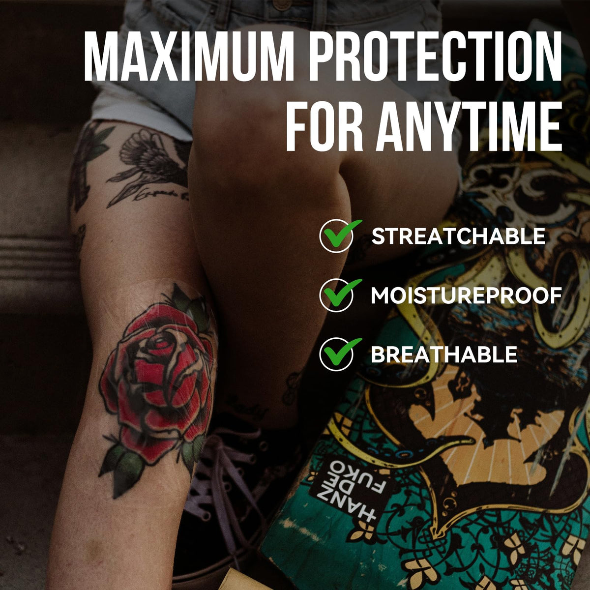 Pamiou applied on forearm tattoo showing clear protection and activity peace of mind