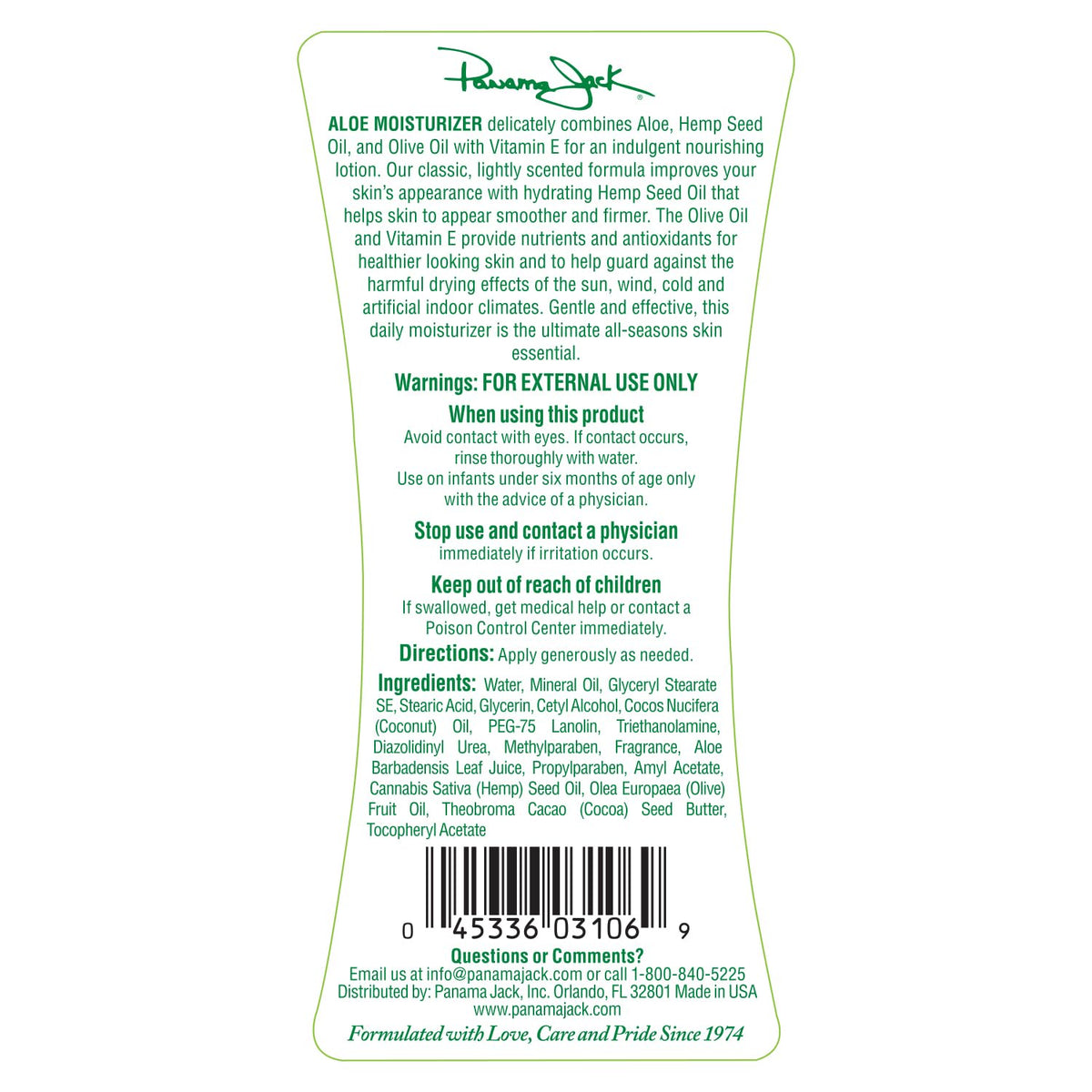 Panama Jack back label with ingredients list and usage directions for informed shoppers