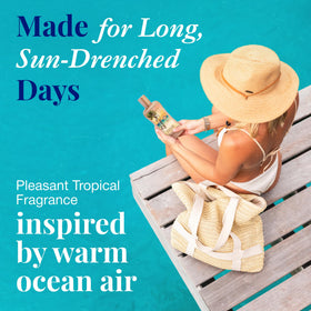 Panama Jack on beach towel lifestyle shot emphasizing tropical scent appeal