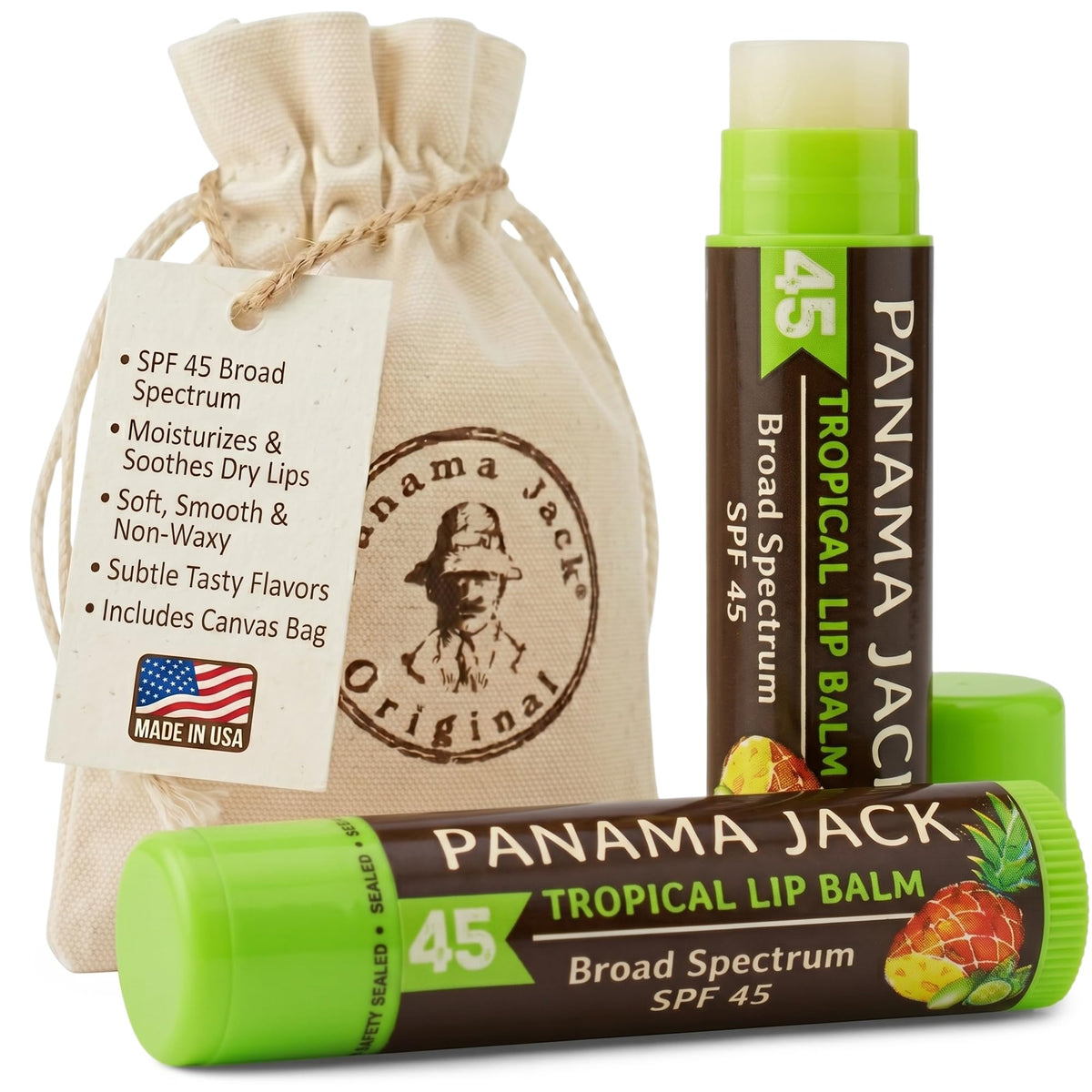 Panama Jack front packaging tropical flavor showing SPF protection and bright label
