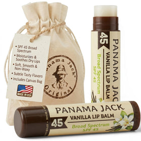 Panama Jack front packaging showing vanilla SPF45 protection and twin pack benefit