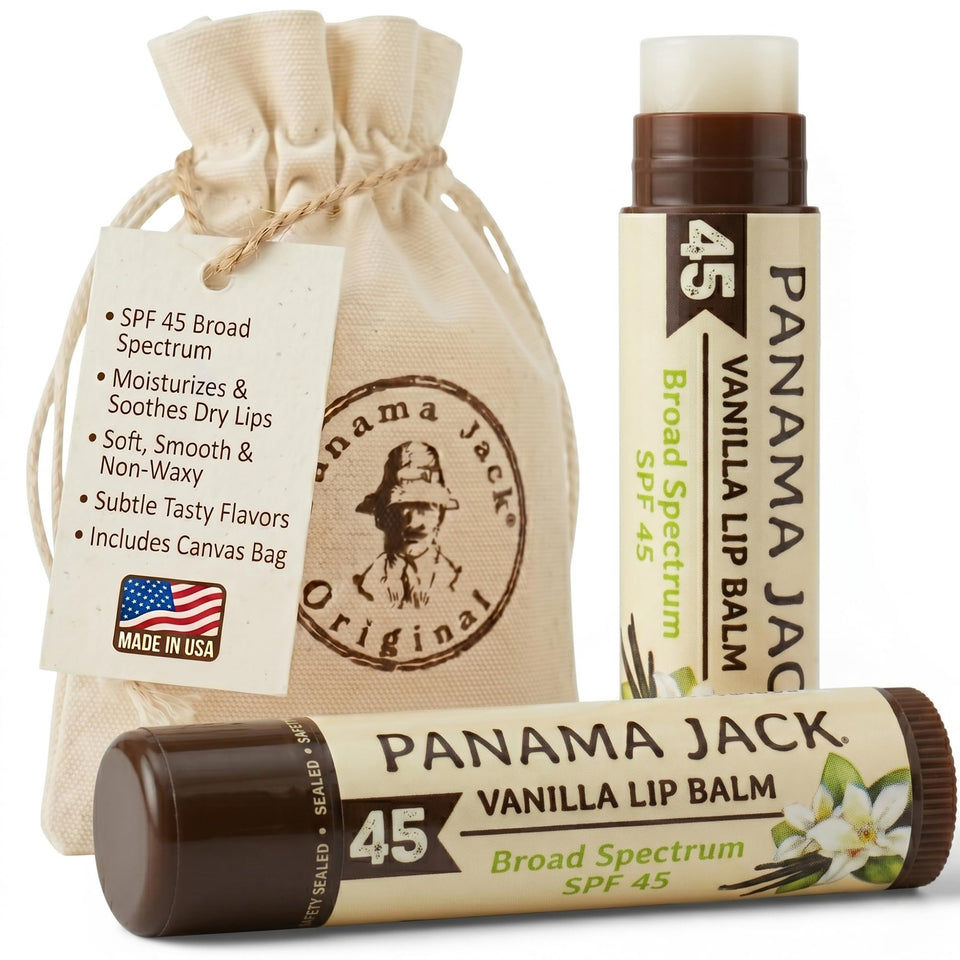 Panama Jack front packaging showing vanilla SPF45 protection and twin pack benefit