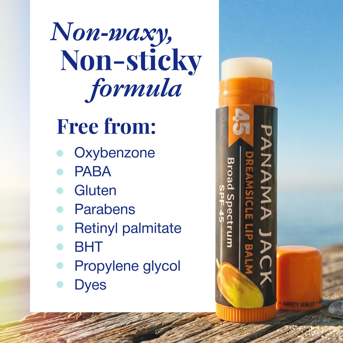 Panama Jack Dreamsicle label ingredient panel highlighting SPF 45 benefit