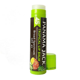 Label shot of Panama Jack lip balm active ingredients and SPF 45 information for informed buyers