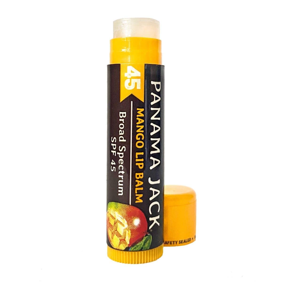 Panama Jack flavorless lip balm beside sunglasses as a low-scent option for sensitive users outdoors