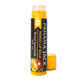 Panama Jack flavorless lip balm beside sunglasses as a low-scent option for sensitive users outdoors