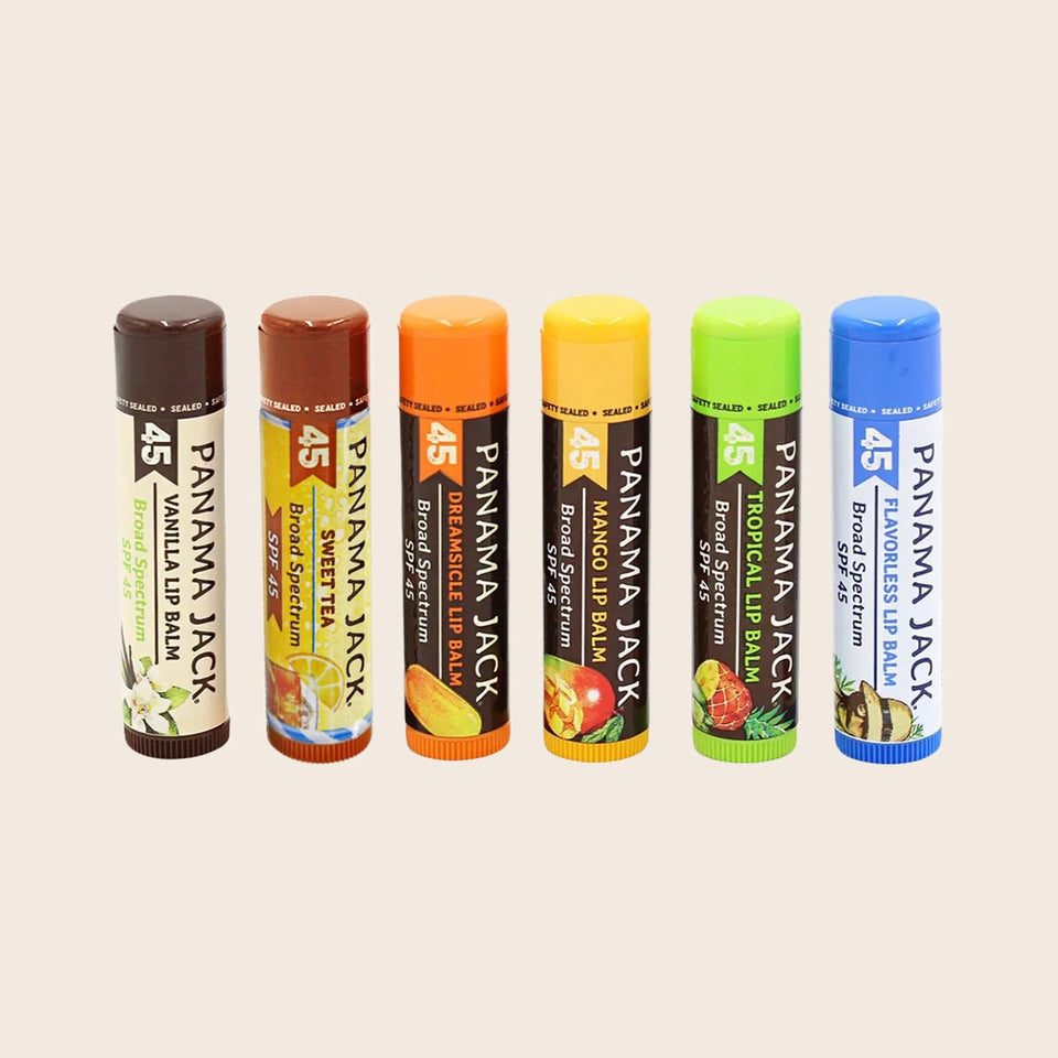 Panama Jack front packaging showing six SPF 45 tubes and clear protection
