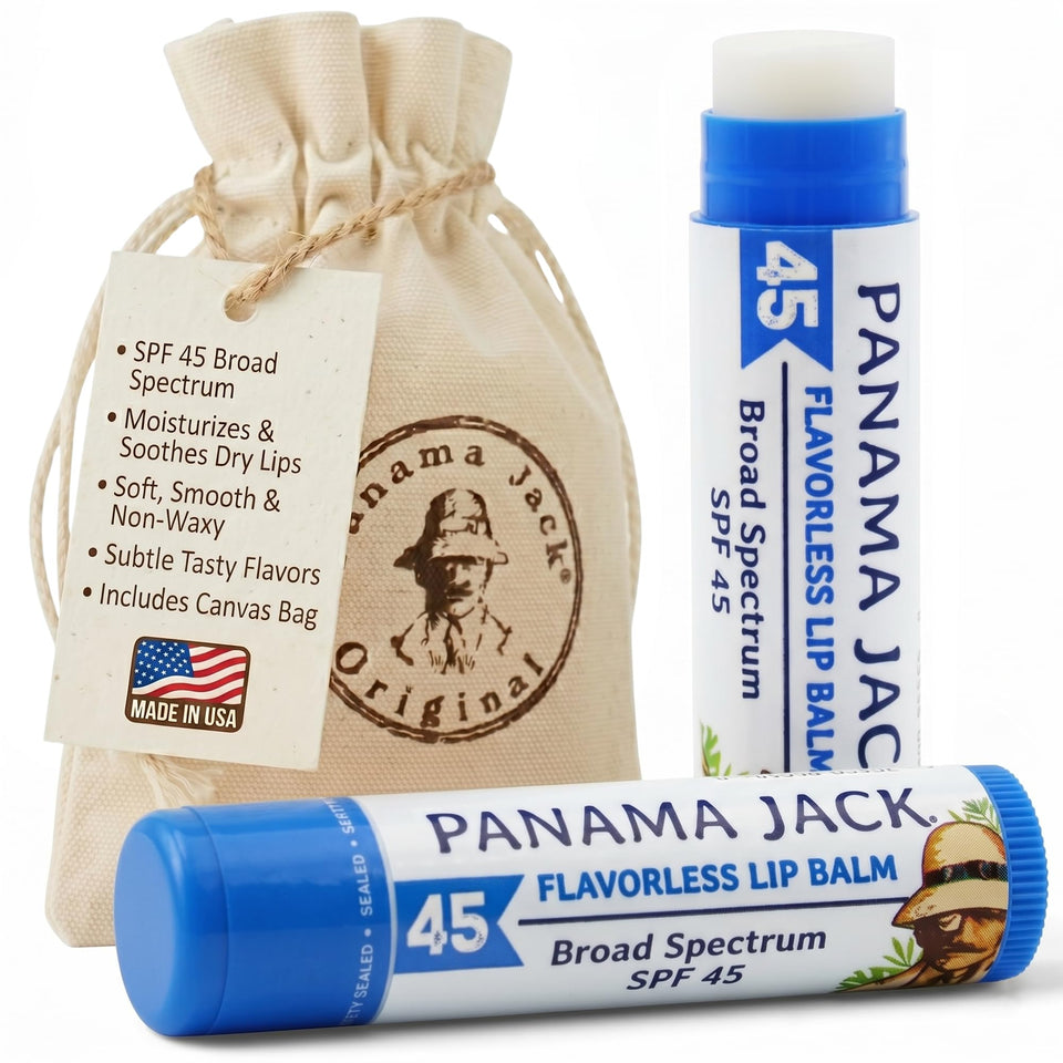 Panama Jack lip balm front packaging shows SPF 45 protection benefit