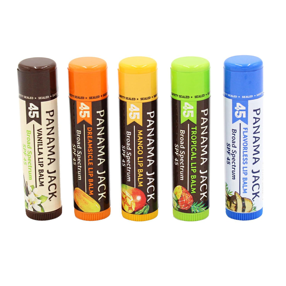 Panama Jack front packaging showing five flavored SPF 45 lip balms for convenient sun protection