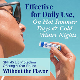 Panama Jack lip balm being applied at beach protects lips outdoors