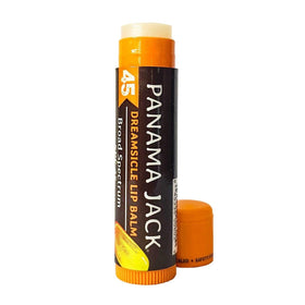 Hand-held Panama Jack Tropical lip balm to show size and portability for on-the-go sun protection