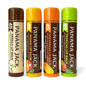 Panama Jack front packaging showing four SPF 45 lip balms and travel convenience
