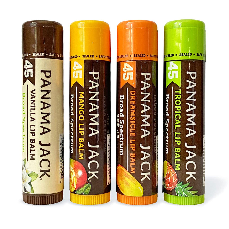 Panama Jack front packaging showing four SPF 45 lip balms and travel convenience