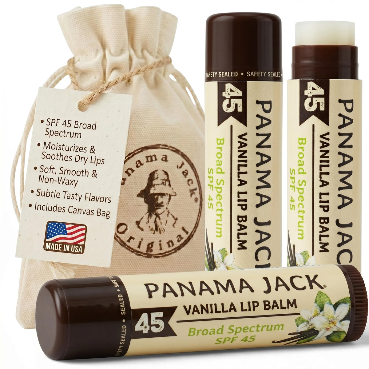 Panama Jack tube front packaging showing SPF 45 protection and vanilla flavor benefit