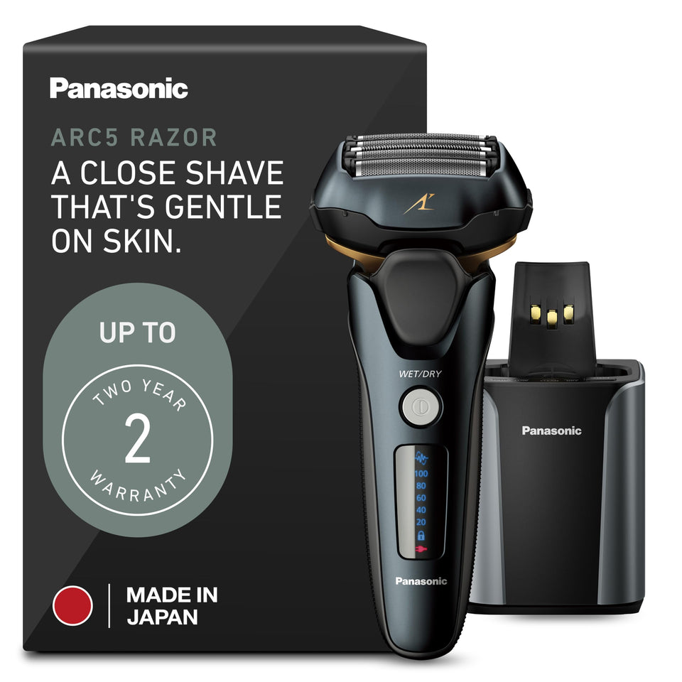 Panasonic ARC5 front view showing five-blade system and ergonomic grip benefit