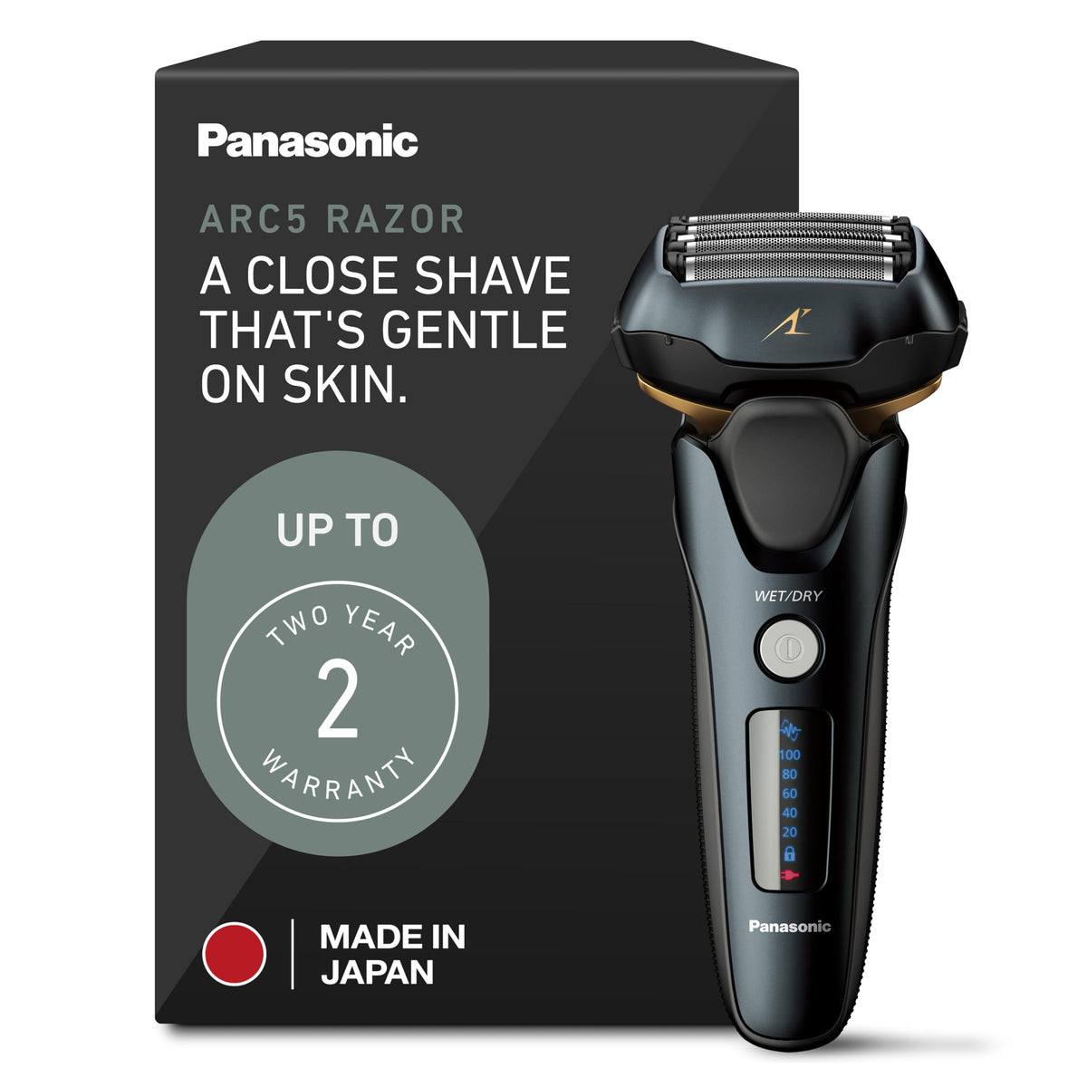 Panasonic Arc5 front view showing sleek design and ergonomic grip for comfortable shaves