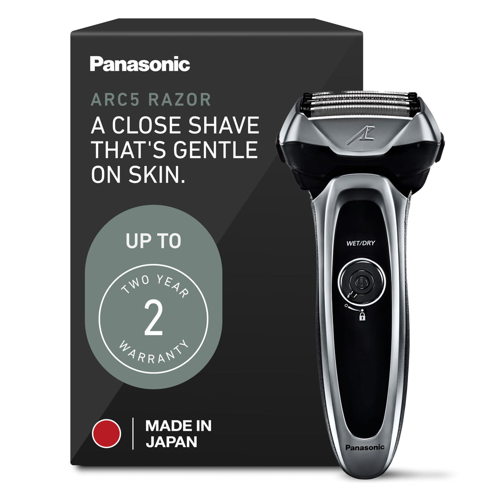 Panasonic ARC5 front view showing slim silver body and five-foil head for smooth shaves