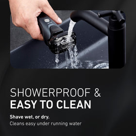 Panasonic Arc5 on bathroom counter in lifestyle shot illustrating daily grooming routine